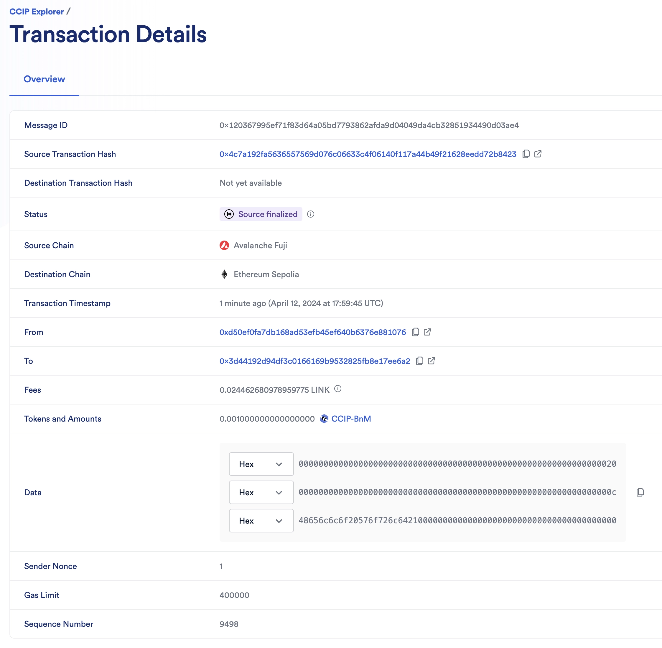 Chainlink CCIP Explorer transaction details